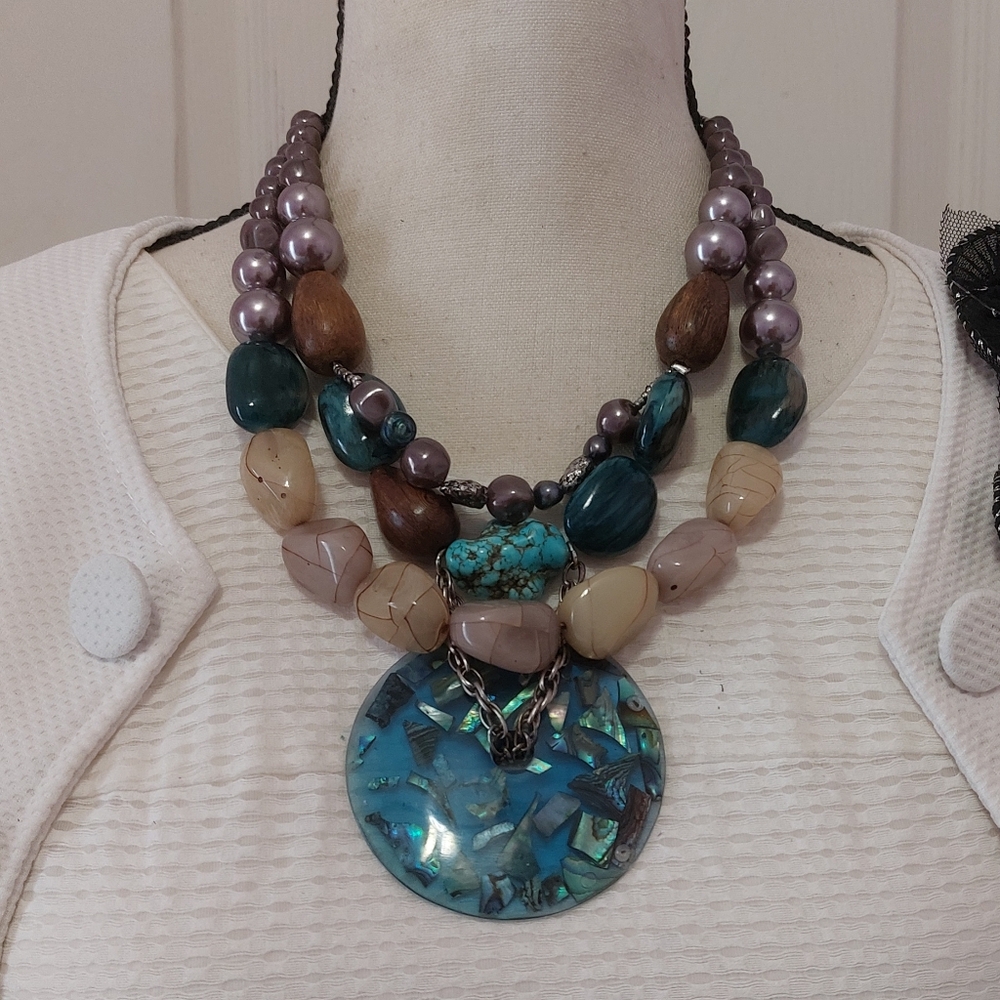 Chico's Southwestern Abalone Mosaic Pendant Multistrand Chunky Beads Necklace